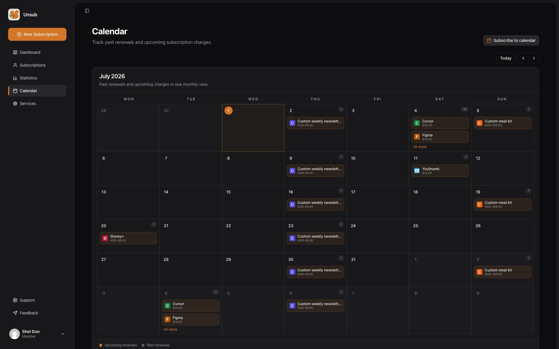 unsub renewal calendar with upcoming charges and a subscribe-to-calendar (iCal) button
