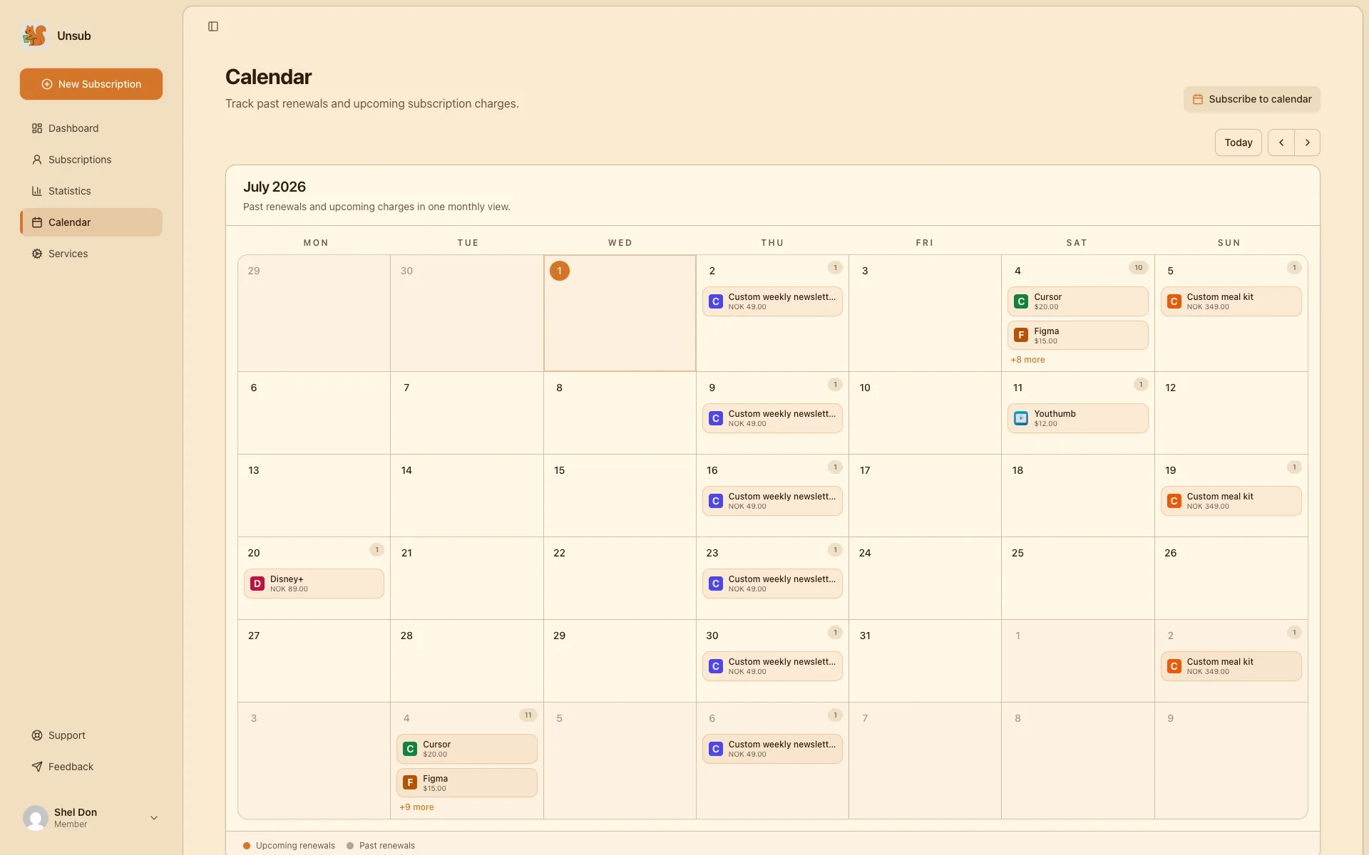 unsub renewal calendar with upcoming charges and a subscribe-to-calendar (iCal) button